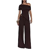 SweatyRocks Women's Off Shoulder 2 Piece Outfits Short Sleeve Ruched Tops and Wide Leg Pants Matching Sets