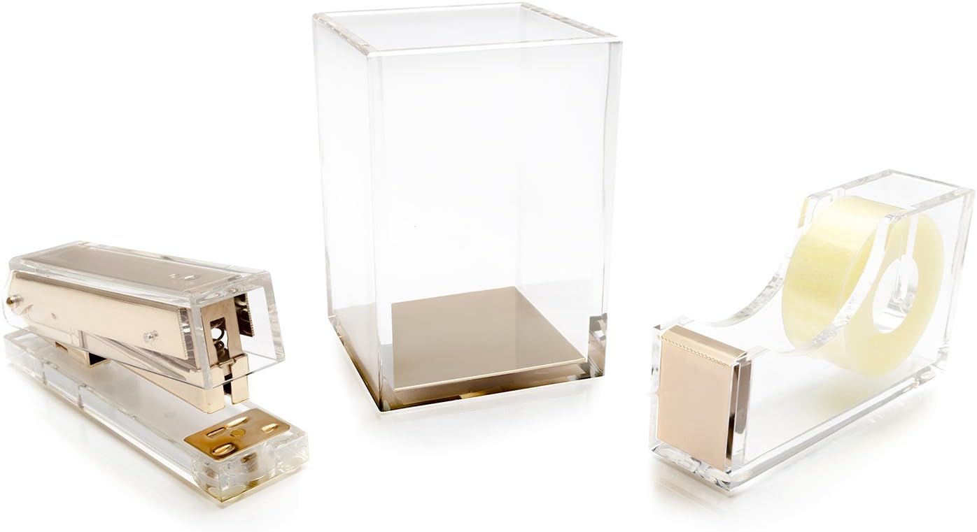 Acrylic Stapler; Pen Holder and Sticky Tape Dispenser Desk Accessory Set