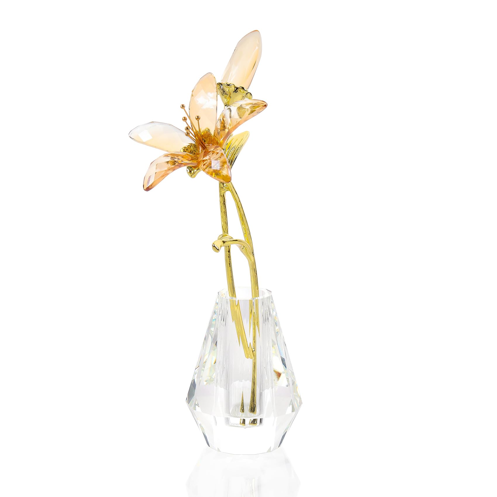 Ornalrist Crystal Golden Tiger Lily Flowers with Crystal Vase Paperweight Collectible Gifts for Women, Glass Lilium Artificial Floral Figurines for Home Wedding Anniversary Party Decor