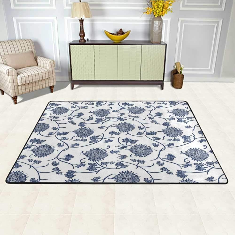 Alfombra de salón azul de 6 x 9 pies, diseño floral chino inspirado en