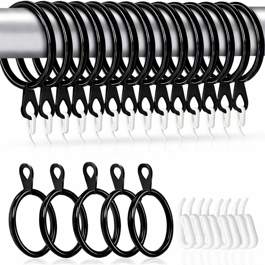 Curtain Rings and Hooks 24 Pcs – Bigger Curtain Rings Metal with 32mm Inner Diameter & Eyelets for Shower Curtains, Decorative Drapery – Durable Curtain Pole Rings & Plastic Hooks- Black