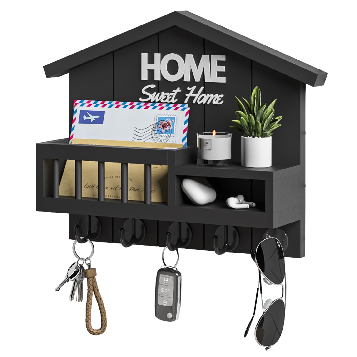 Photo 1 of FERAHI Key and Mail Holder for Wall, Wall Key Holder with Shelf, Home Key Holder for Wall, Wood Black Key Holder Wall Mount, Mail Organizer Wall Mounted, Entryway & Front Door Key Holder with 5 Hooks