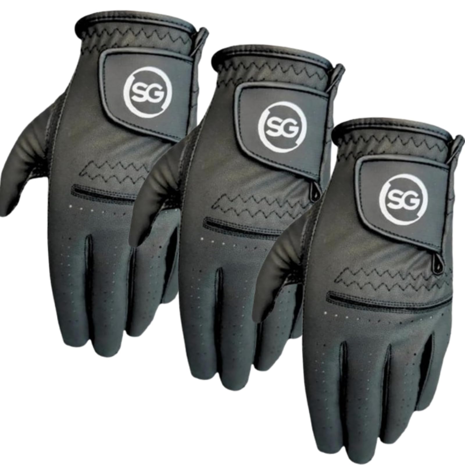 Sports Gear Ltd Pack of 3 Synthetic Microfiber Men's Golf Gloves – Adjustable Closure Strap - Suitable for All Weather Conditions - Soft Feel Grip - Left & Right Handed Golfer – Jet Black (M, Right)