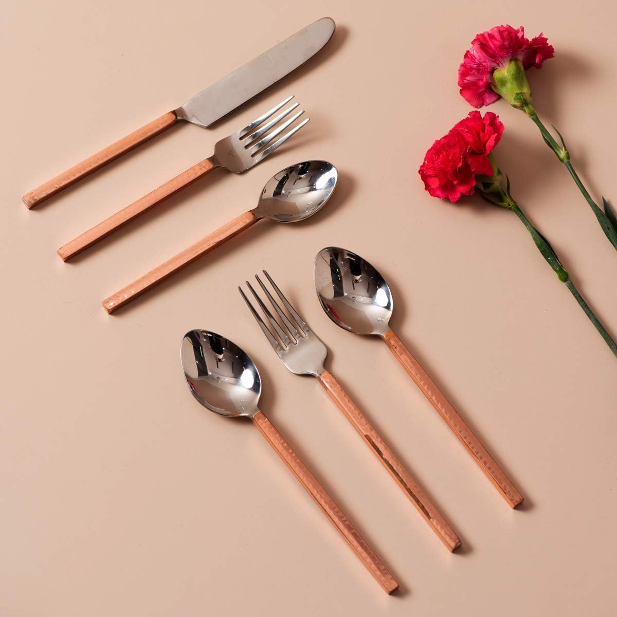 Nestroots Cutlery Set of 5 Pieces Dinner Spoon, Fork & Knife Set Stainless Steel - Table Spoon, Tea Spoon, Fork & Knife Flatware for Dining Table (Rose Gold Silver)