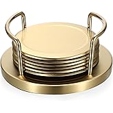 JUXYES Set of 6 Stainless Steel Metal Round Coaster with Holder for Drinks | Heat-Resistant, 4 Inches Gold Decorative Drink Coaster for Hot and Cold Drinks on Coffee Tables, Dining Tables, and Bars