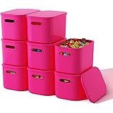 ORGIDOL 8 Pack Pink Storage Bins with Lids Stackable Storage Container for Organizing, Storage Boxes with Handle for Shelves, Cute Storage Bin for Craft, Snacks, 9.85x6.9x5.7 inch
