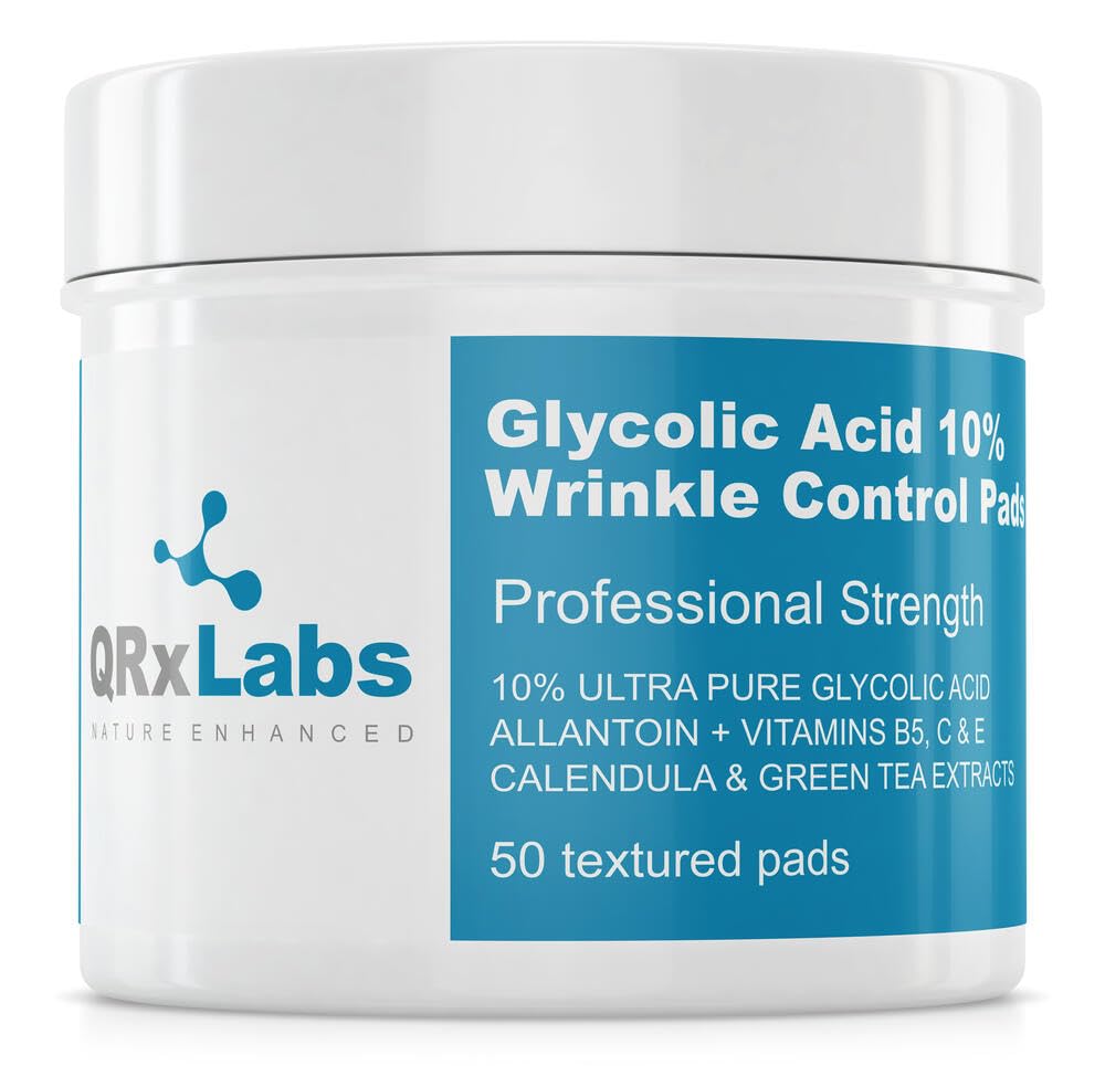 QRxLabs Glycolic Acid 10% Wrinkle Control Pads With 10% Ultra Pure Glycolic Acid, Allantoin, Vitamins B5, C & E, Calendula & Green Tea Extracts - Helps Keep Skin Smooth And Prevents Wrinkles And Lines