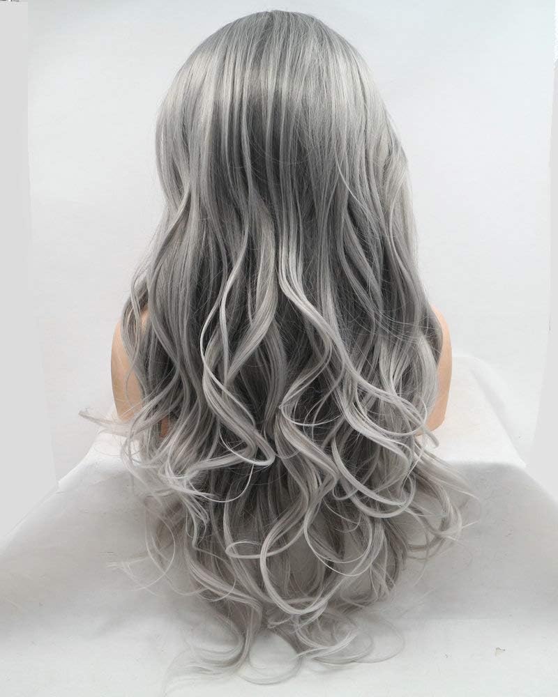 24" Replacement Natural Light Grey with Tips Lace Front Wig Heat Safe Long Wave 13x3" Pre Plucked Synthetic Hair Pastel Gray Wigs for Women Ladies Cosplay Makeup Party Travel Wigs Layered Design - Image 3