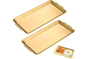 2Pcs Small Stainless Steel Serving Platter, 8.66" Metal Serving Tray, Small Gold Rectangular Decorative Plates for Food, Frui