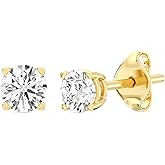 Gilded Lab-Grown Diamond Stud Earrings for Women| 925 Sterling Silver Studs and 14KT Gold 925 Plated Silver | Hypoallergenic Fine Jewelry | 4-Prong Basket, Push Back Nut | Round Cut, SI1 Clarity, F Color | 1/10,1/5,1/4,1/3,3/8,1/2,3/4,7/8,1 Carat Total Weight