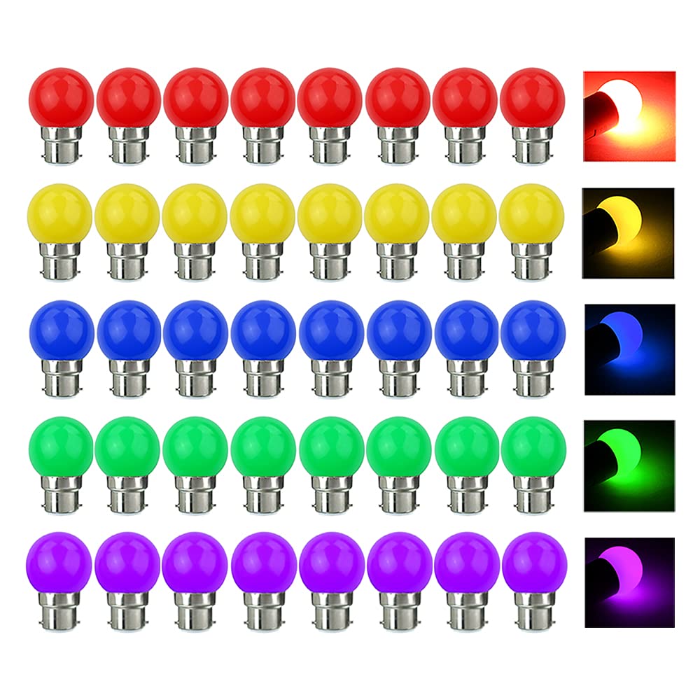 V-TOO LED 40 Pack Coloured Light Bulb B22 Bayonet LED Bulbs 3W Light Bulbs Mood Ambiance Lighting for Home Decoration Party Patio Christmas Effect Lights Multi Colour Red Yellow Blue Green Purple