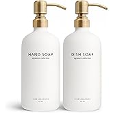 Vine Creations White Glass Soap Dispenser Set, Dish Soap and Hand Soap Dispenser Set with Stainless Steel Pump, 16 oz Glass Dispensers for Kitchen or Bathroom Decor (Matte White Bottle/Brushed Brass)