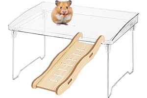 NOONEAU Hamster Play Platform - Acrylic with Wooden Stairs for Dwarf Syrian Hamsters, Gerbils, Mice, and Small Pets - Premium Cage Accessory for Climbing and Exercise