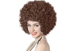 AICKER Short Kinky Curly Afro Wig for Women Men, 70s Synthetic Heat Resistant Wigs, Funny Party Cosplay Hair (Brown)