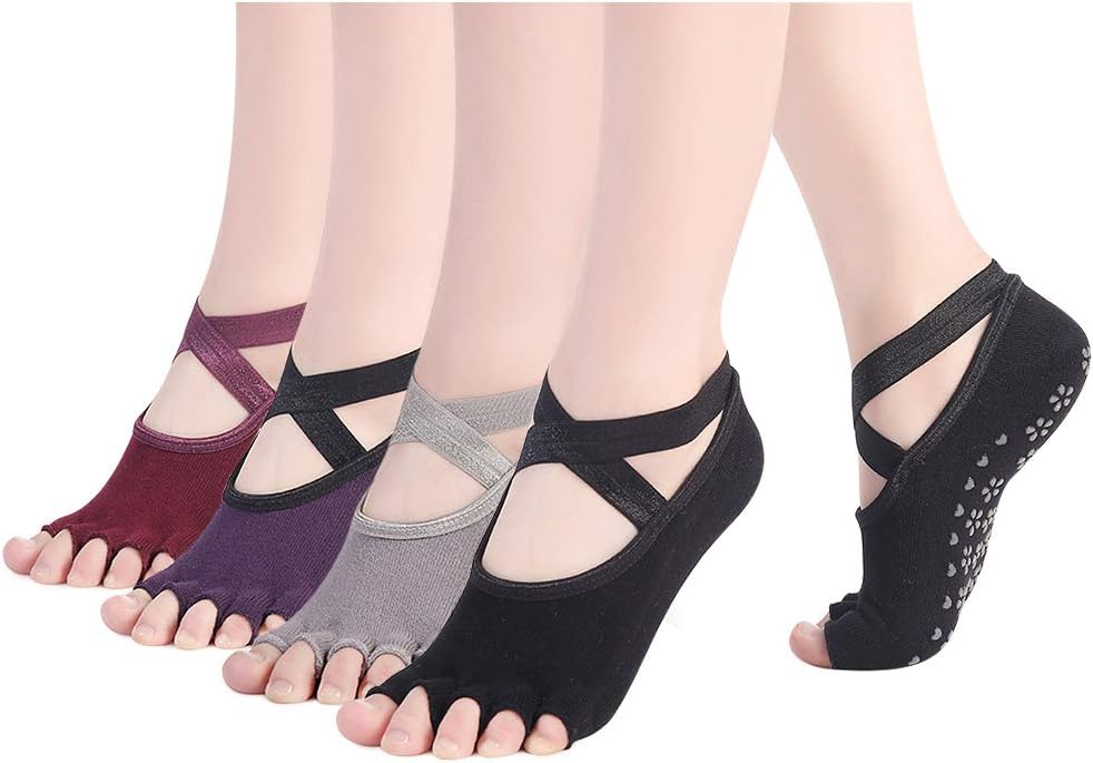 Yoga Socks Non Slip Skid Pilates Barre Grip Socks With Toes Cotton For Women Men (toeless-Multicoloured)