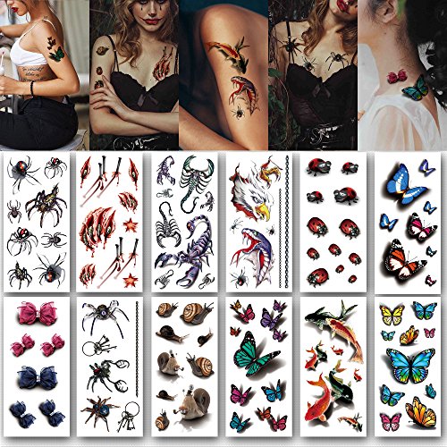 Loofah Costumes Halloween - Kotbs 12 Sheets Halloween Temporary Tattoo 3d Realistic Spider Scorpion Scars Tattoo