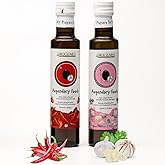 Pack of 2 Extra Virgin Flavored Olive Oil, 1 Bottle Garlic, 1 Bottle Chili Infused EVOO, Cold Pressed, Polyphenol Rich EVOO, Intense Flavor Olive Oil Extra Virgin, from Laconia 2X250ml