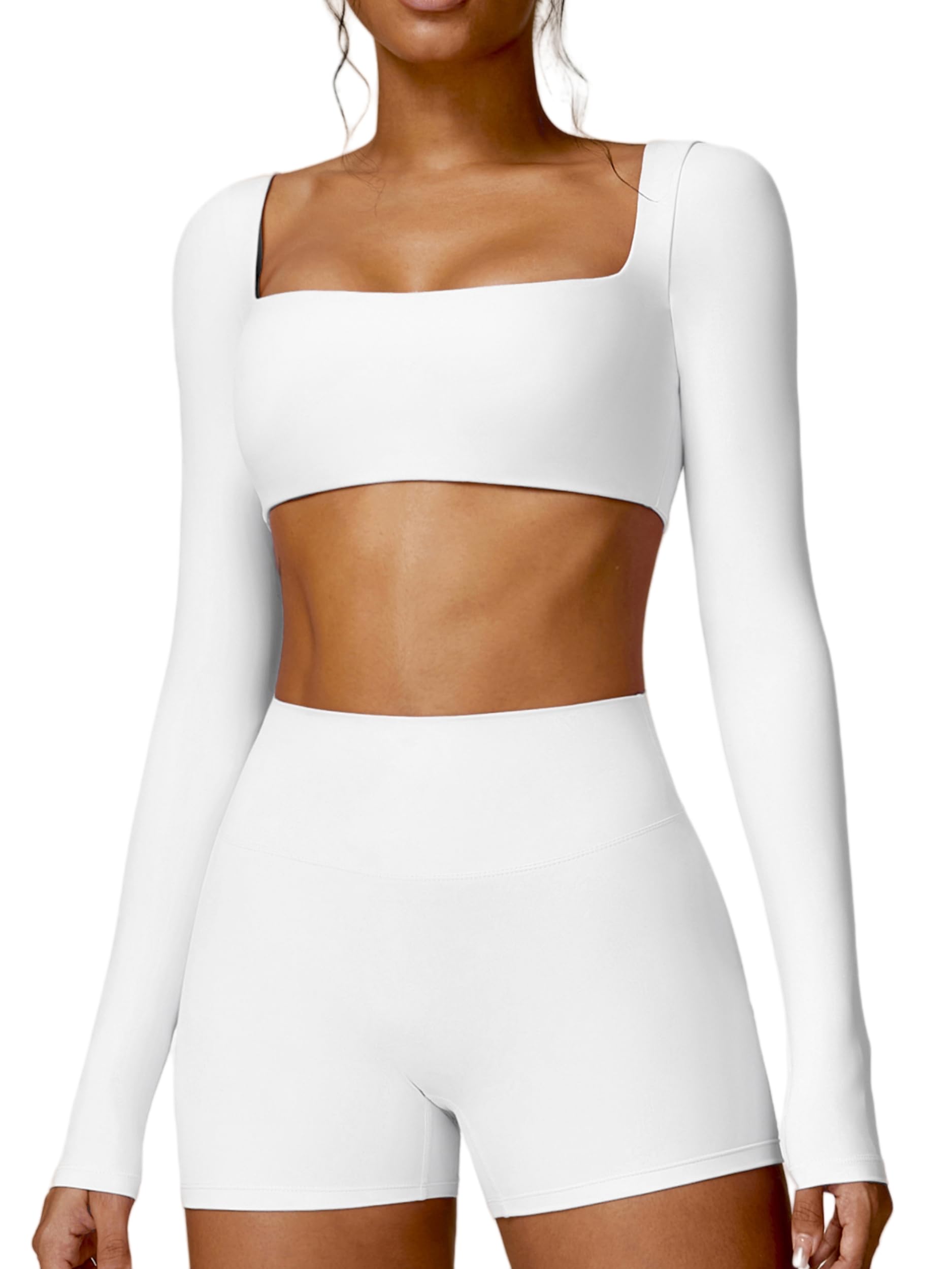 Photo 1 of ABOCIW Workout Crop Tops for Women Yoga Square Neck Long Sleeve Low Medium Support Slim Fit Cropped Athletic Shirts Gym Shirts with Built in Bra White Small