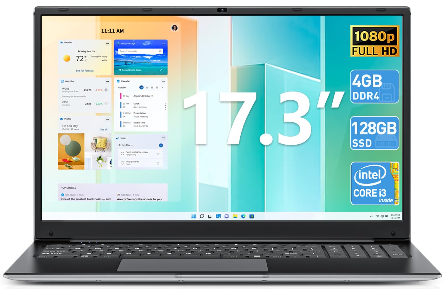 Photo 1 of SGIN 17.3 Inch Laptop, Laptops Computer 4GB DDR3 128GB SSD Notebook with Celeron i3-5005U CPU(up to 2.0 GHz), Webcam,USB3.2 * 2, 8000mAh, Type-C, Mini HDMI, Expandable 1TB(Black)