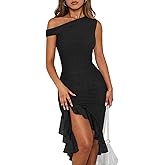 Women Sleeveless One Shoulder Bodycon Midi Dress Summer Side Slit Mesh Irregular Ruffle Cocktail Dress for Women