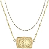 PATIKIL Embossed Belt Buckle Necklace, Western Initial Cow Tag Necklace with Beaded Chain Western Jewelry for Women Men Birthday Gift