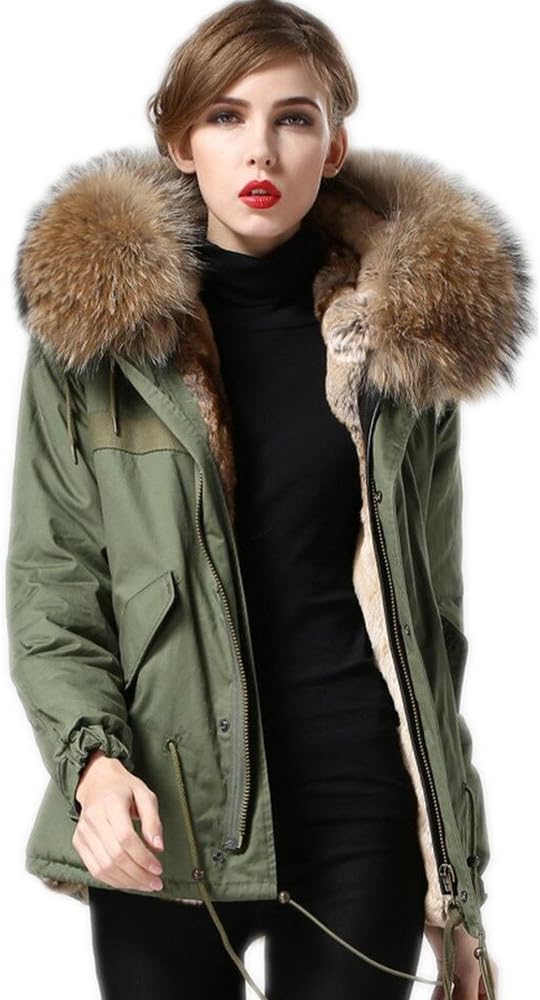 Melody Women's Winter Real Raccoon Fur Collar Hooded Parkas Detachable Lining Short Coat Jacket