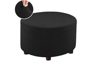 VIENLOVE Round Ottoman Slipcover Polyester Blend Footstool Protector Covers Stretch with Elastic Bottom Feature Textured Machine Washable Jacquard Fabric (Black, X-Large Size)
