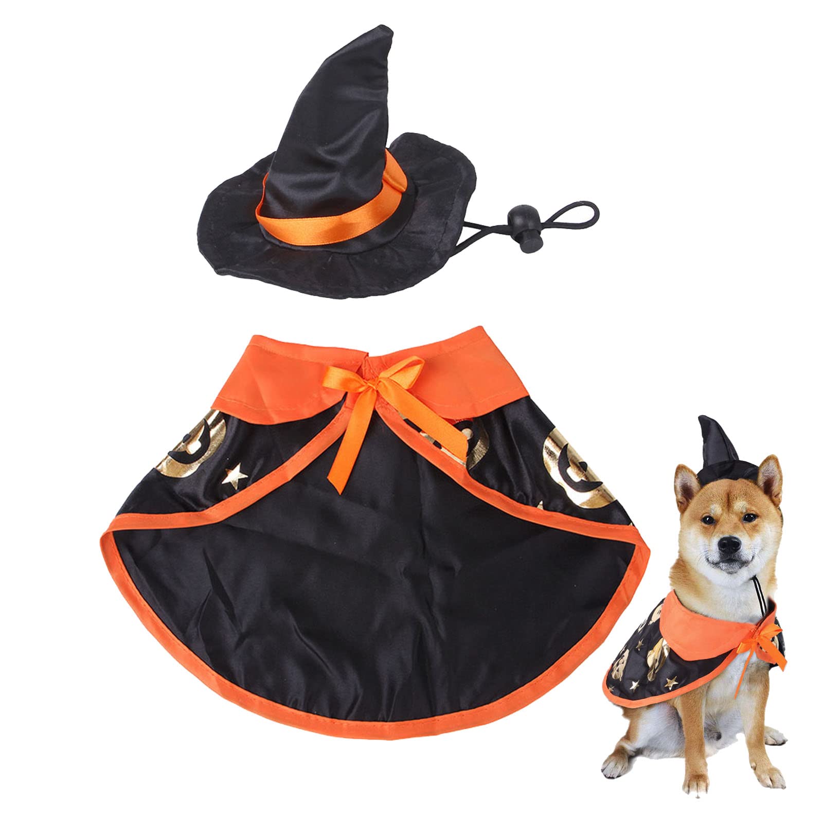 Golden Apple Halloween Dog Cat Cloak Pumpkin Pattern Pet Cape Cosplay Dress Up with Witch Hat Costum (Small)