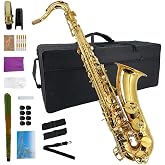 ModouString Tenor Saxophone B Flat, Gold Lacquer with Carrying Case,Mouthpiece,Reeds,Cleaning Kit, Tenor Sax for Beginners, Students and Musicians