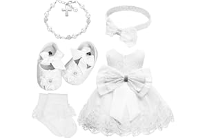 5 Pcs 6-12 Months Baby Girl Baptism Outfit Includes Lace Christening Dresses Bowknot Headwear Cross Charm Bracelet Socks Shoe