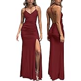 Atizon Women's Cocktail Maxi Dresses 2026 Sexy V Neck Spaghetti Strap Ruched Split Bodycon Formal Wedding Guest Long Dress