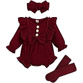 GRNSHTS Newborn Baby Girl Clothes Ruffle Solid Sweater Long Sleeve Romper+Hairband+Socks 3Pcs Fall Winter Outfits