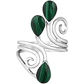Floral Vine Ornate Teardrop Green Malachite Sterling Silver Ring