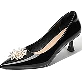 VYKF Kitten Heels for Women Leather Comfortable Pointed Closed Toe Heels Womens Rhinestone Pumps Dress Shoes for Weddings Parties