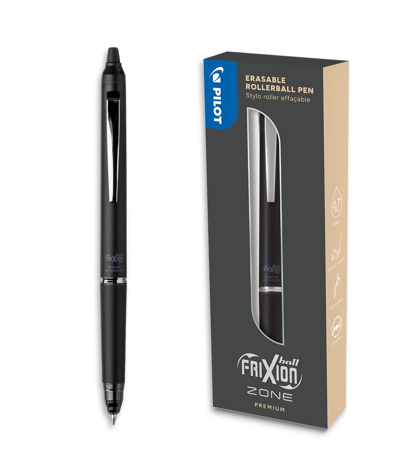 PILOT - Frixion Ball Zone Black in Gift box - Premium erasable retractable pen with thermosensitive ink - Refillable and ergonomic roller pen - Black ink - Medium tip