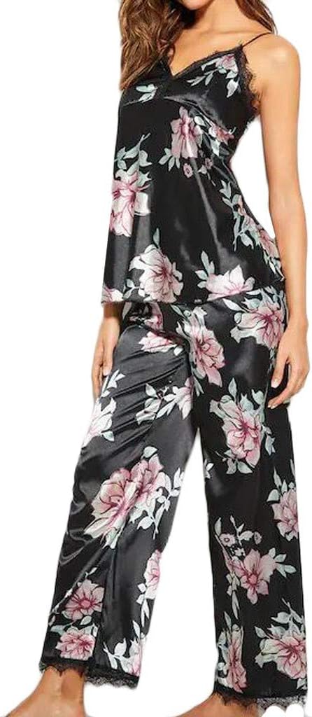 Woman Pajamas Jaminy Fashion Women Silk Satin Printed Lace Pajamas V-Neck Vest Trousers Set Sleepwear