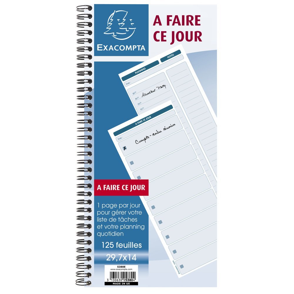 Exacompta - Ref. 5380E - Pack of 5 spiral notebooks "To do today" - with list of tasks on the right page and timetable on the left page - 125 sheets - format 297 x 140 mm - PEFC certified