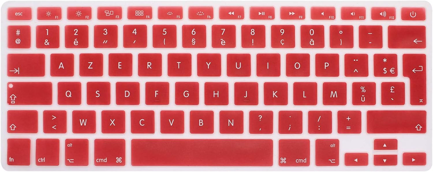 MMDW EU/UK French AZERTY Language Keyboard Cover for Macbook Pro 13 Inch,15 Inch(with or without Retina Display,2015 or Older Version) Old Air 13 Inch European/ISO Keyboard Silicone Skin-Wine Red