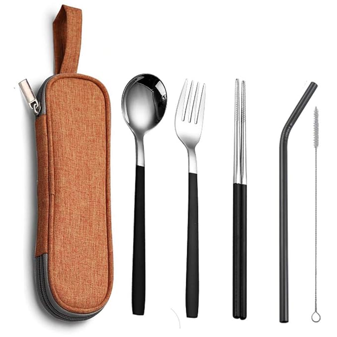 TAMUME Edelstahl Bestecksets Löffel Essstäbchen Set Edelstahl Stroh mit Bürste (Schwarz)