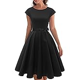 PUKAVT Women's 1950 Boatneck Cap Sleeve Vintage Swing Cocktail Party Dress with Pockets
