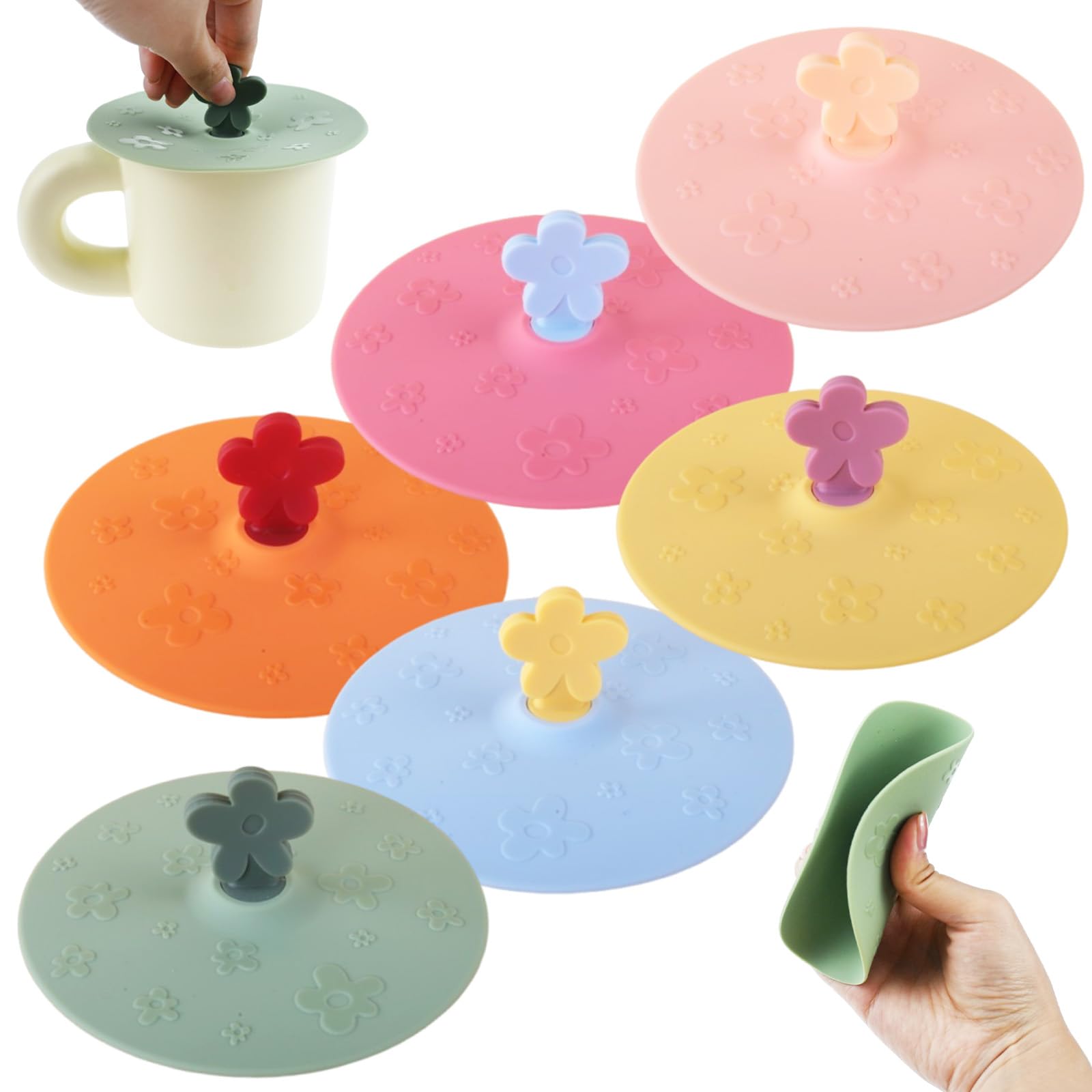 Photo 1 of 6 Pcs Silicone Lids for Cups, Morandi Colored Cup Covers for Drink, Anti-dust Seal Airtight Cup Cover with Spoon Holder, Universal Cup Lids for Mug Tea Cup Coffee Cup Glass (Style 4)