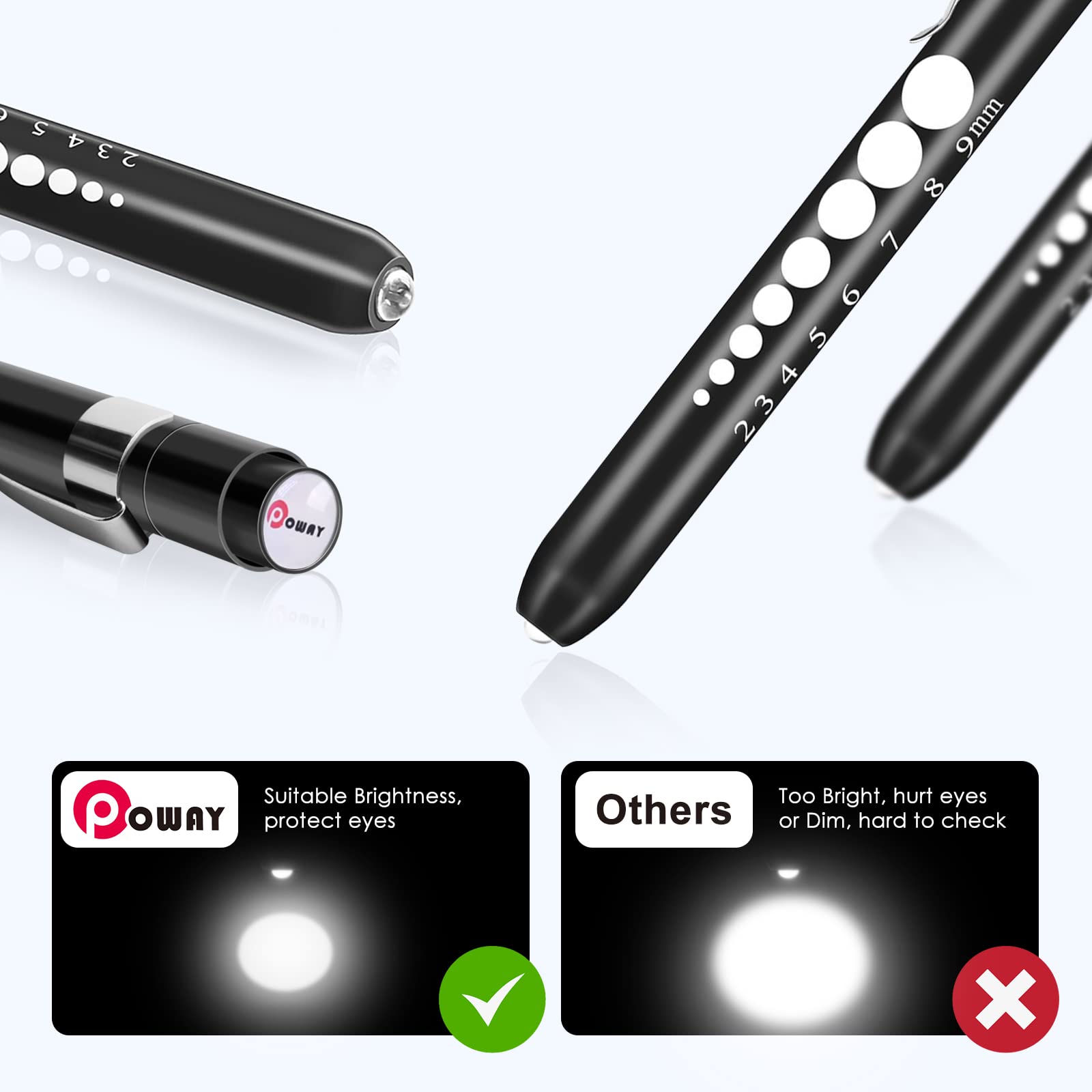 Opoway Nurse Penlight with Pupil Gauge LED Medical Pen Lights for Nursing Doctors Batteries Free, Black 2ct.