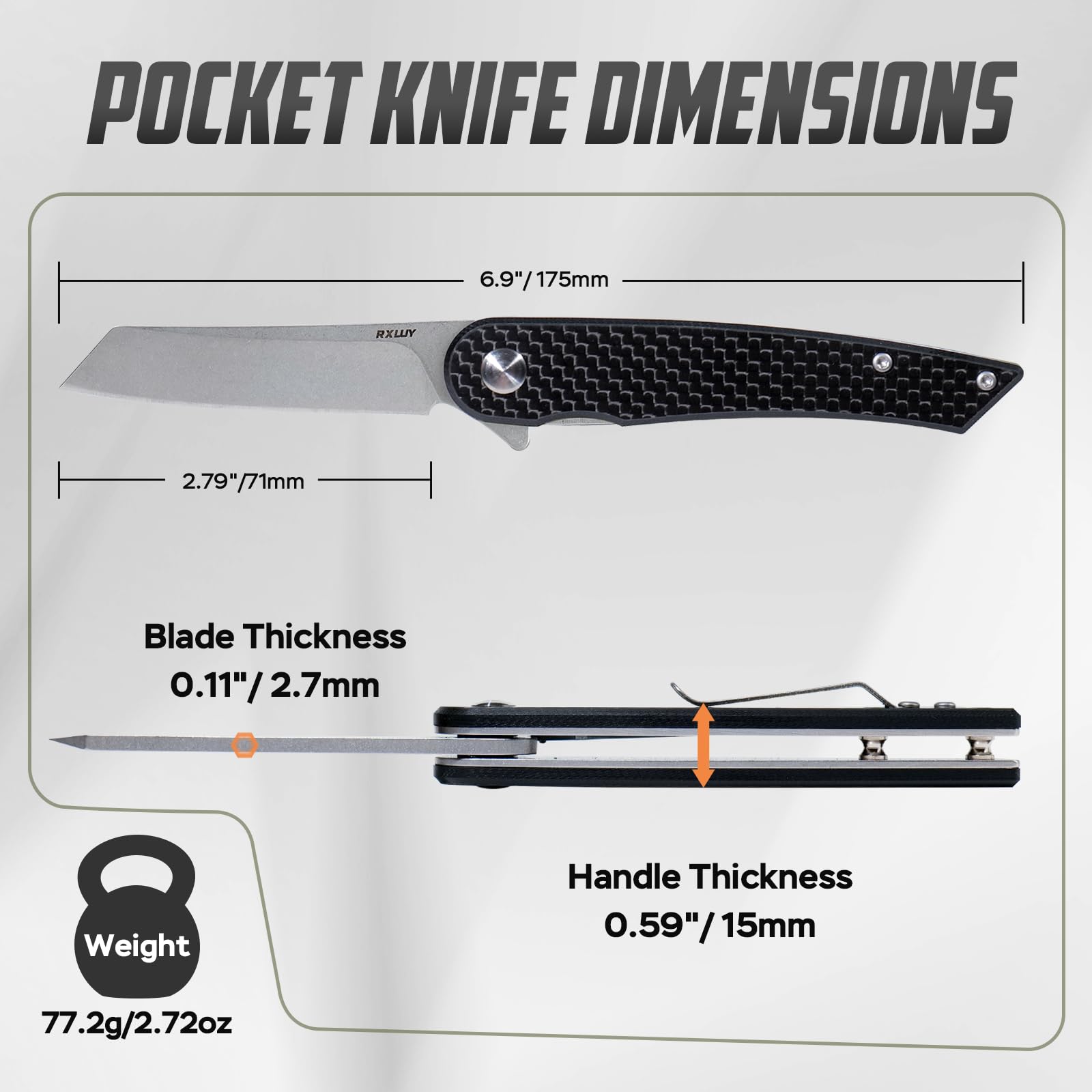 RXLUY Folding Pocket Knife, 2.79” 14C28N Steel Blade Carbon Fibre Handle Flipper Liner Lock Small Praxis EDC Folding Knife, Sharp Camping Outdoor Survival Knives for Men Women (Black)