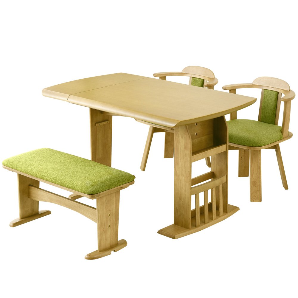 伸長式 ダイニング4点セット テーブル 回転チェア ベンチ ダイニングセット 幅90120cm ナチュラル