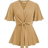 GRACE KARIN 2026 Women's Elegant V Neck Peplum Tops Tie Front Short Bell Sleeve Shirts Tops Blouse