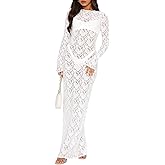 NUFIWI Women Vintage Y2k Lace Maxi Dress Long Sleeve See Through Mesh Bodycon Dress Floral Lace Maxi Long Slip