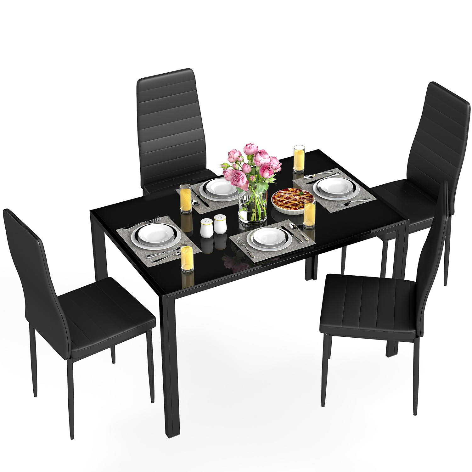 Photo 1 of *PARTIAL SET*
FDW | Dining Table Set for 4 | 5-Piece Glass Black Dining Table | Kitchen Table with 4 Upholstered Chairs and Faux Leather Cushions | Space-Saving and Modern Design | for Dining Room, Easy to Assemble