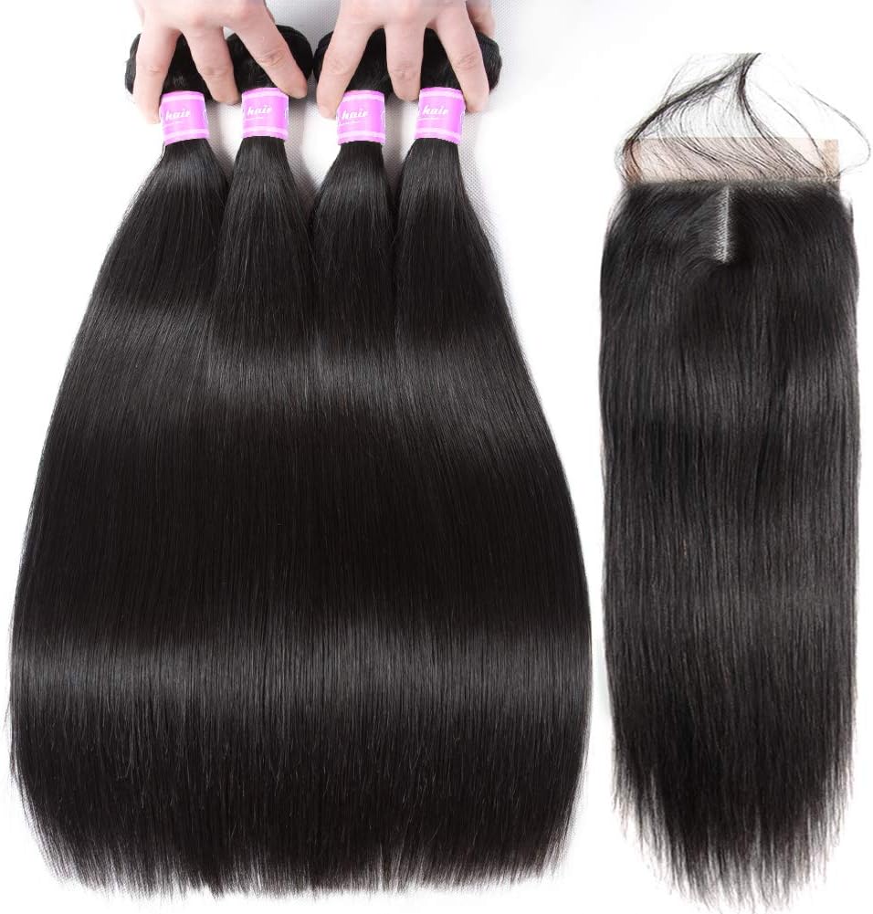Faldy Straight Weft Hair Extensions Human Hair Straight Bundles with Closure Brazilian Human Hair Hand Tied Weft Hair Extensions(18 20 22 24+16)