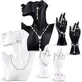 Yalikop 6 Pack Resin Jewelry Mannequin Display Set Necklace Earring Display Stand and Female Mannequin Hand Ring Bracelet Holder Bust Organizer Black White for Shows Selling Home Decor (Classic)