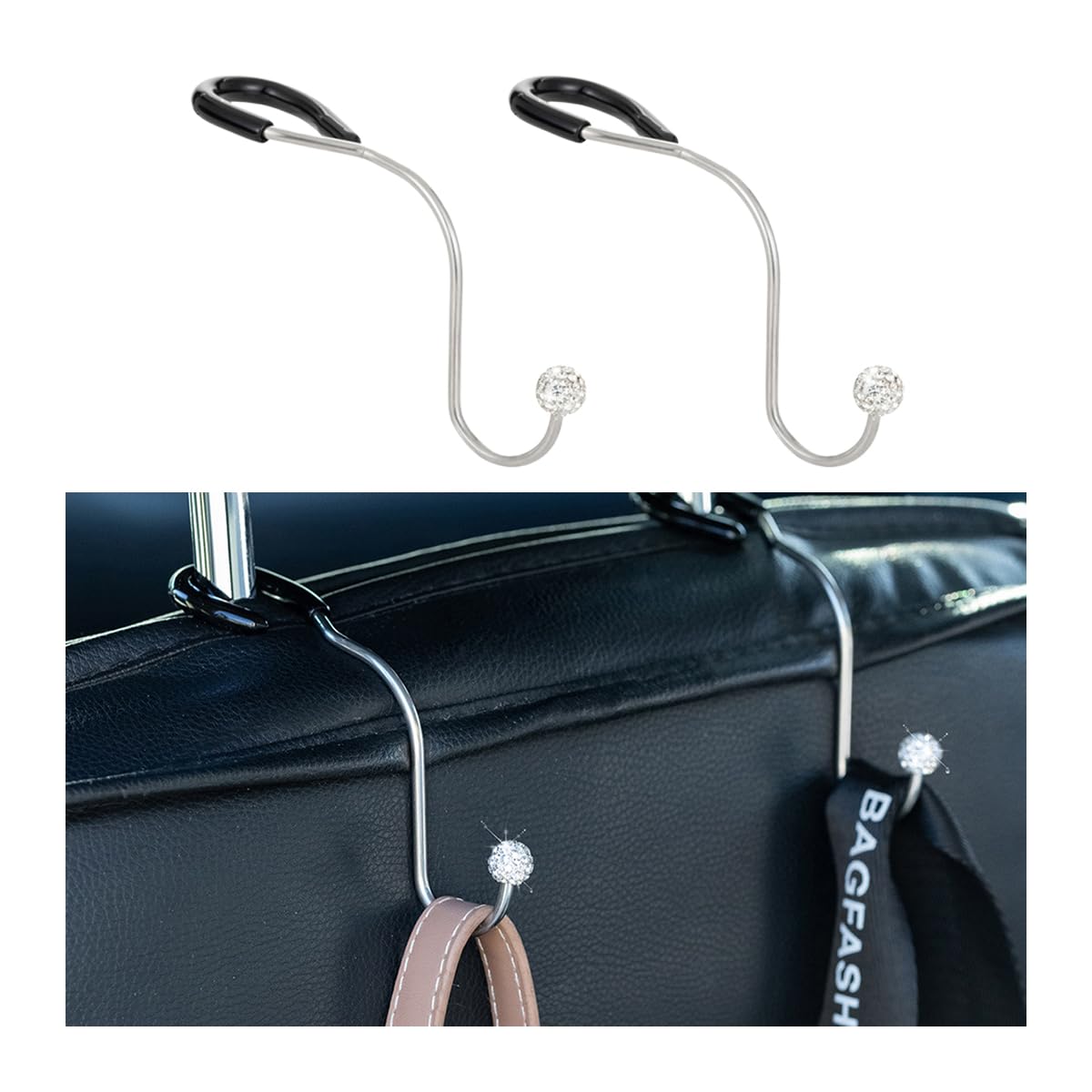 Photo 1 of KHGUZ Bling Car Headrest Hooks, 2PCS Crystal Rhinestone Vehicle Seat Hanger for Purses Grocery Bags Clothes, Auto Storage Organizer Accessories, Universal for SUV Sedan Truck(White)